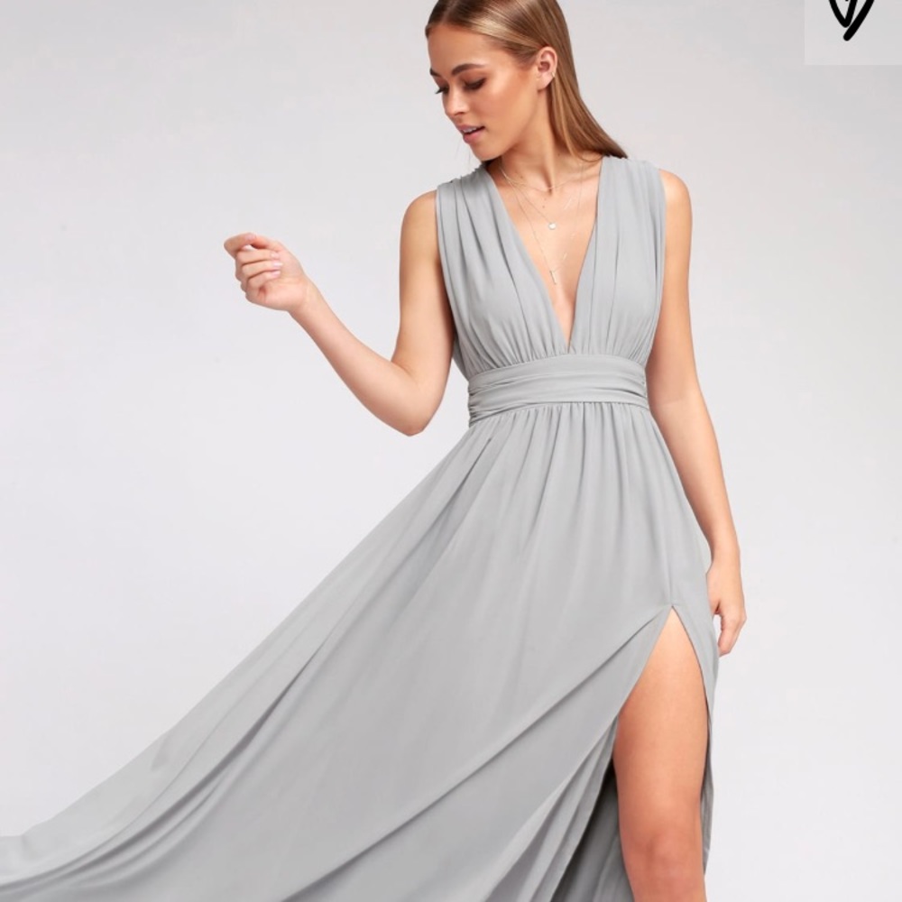 Lulu's Light Gray Plunge Maxi Dress with Thigh Slit